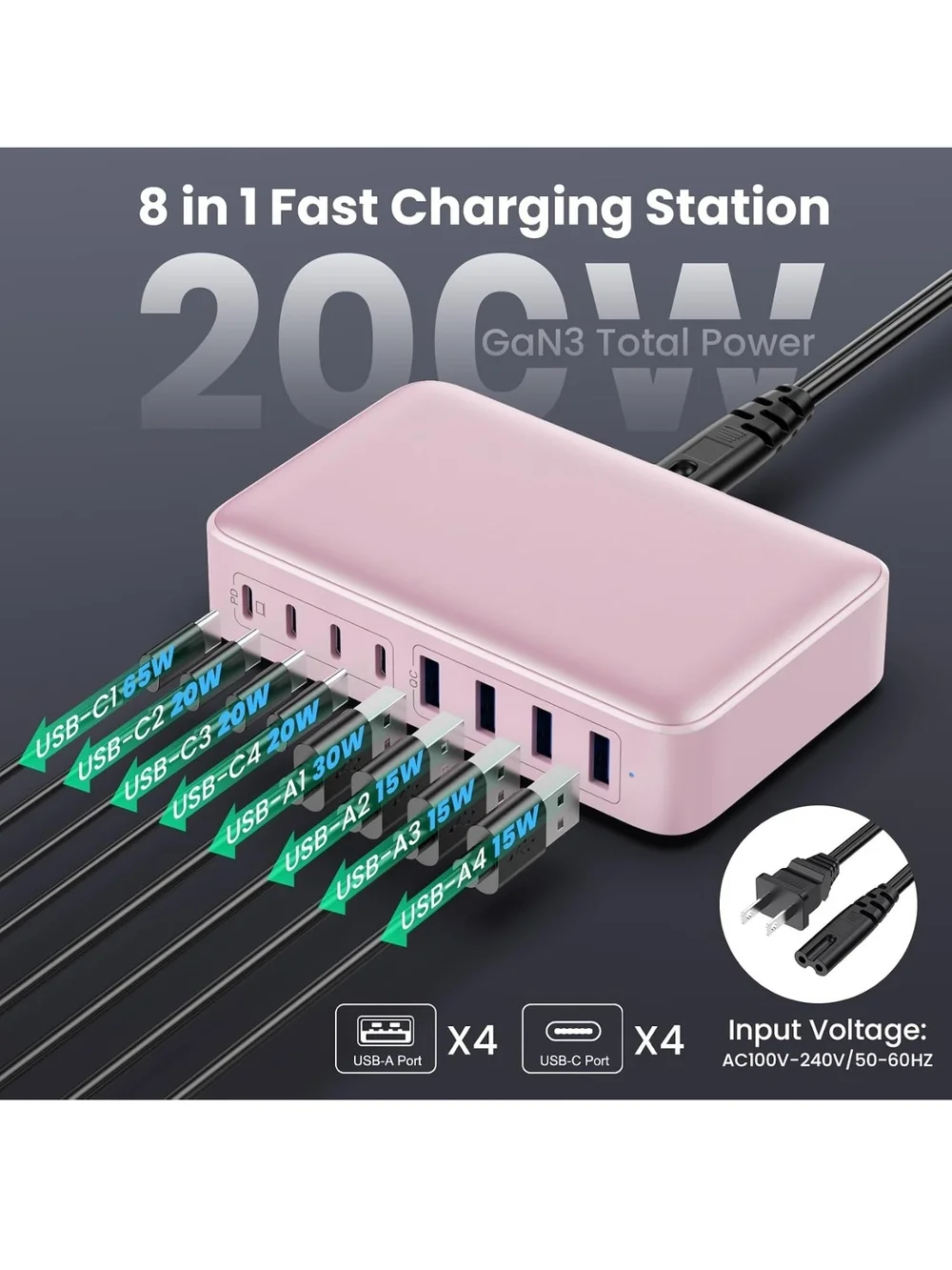 Multi-Device 8-Port USB Charging Station - Pink